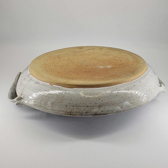 Stoneware Artisan Ceramic Blue Cream Hearts Bowl Dish Signed w/handles - Picture 2 of 3